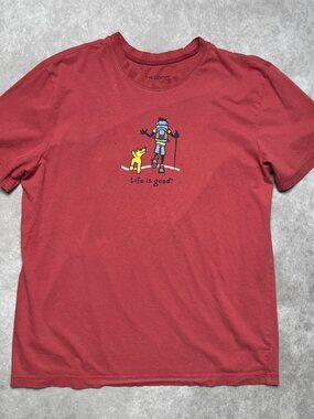 Life is Good faded red graphic hiking tee.